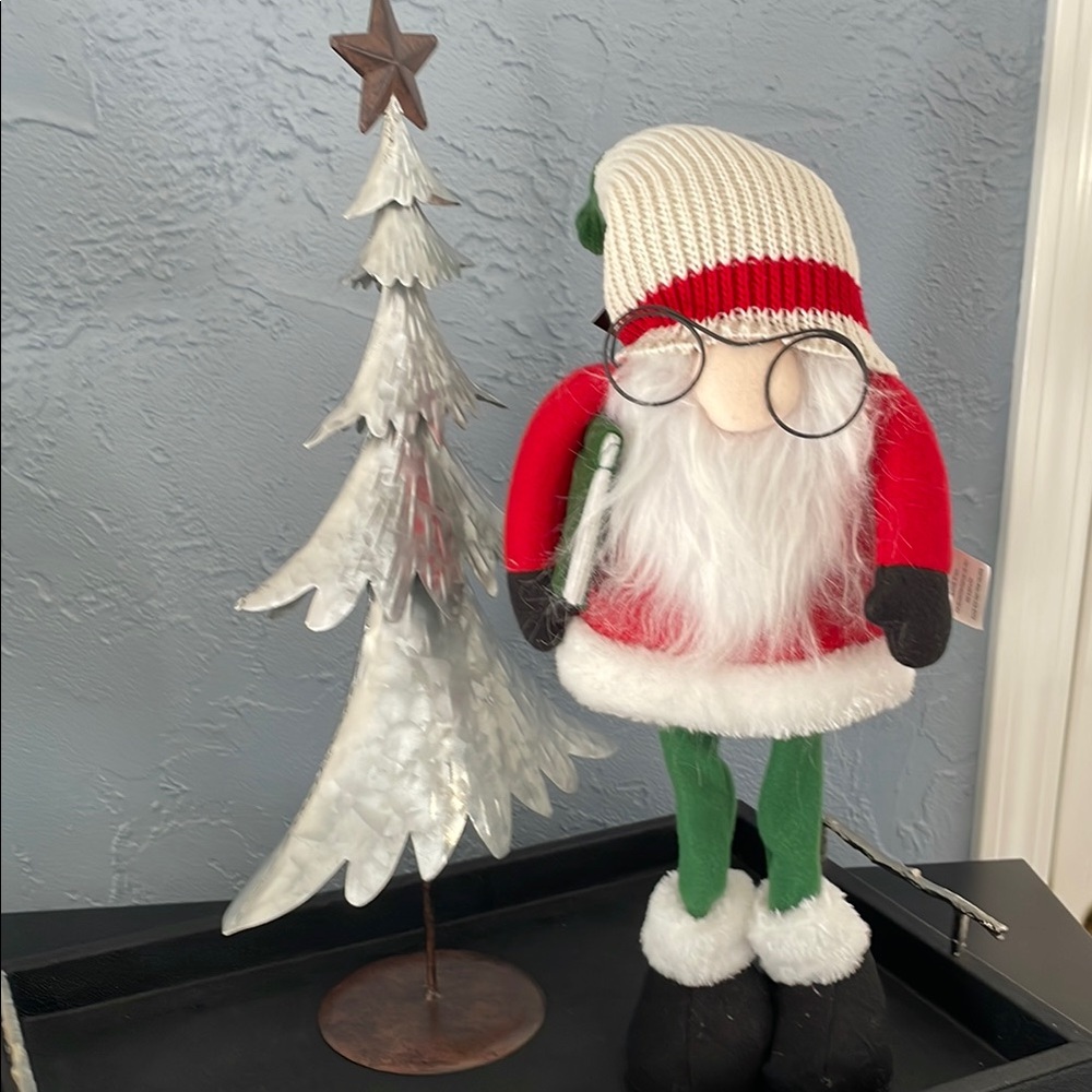 Whimsical studious Gnome with wired spectacles, bushy beard plus galvanized tree